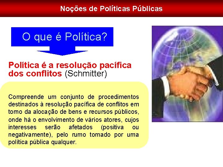 Noções de Políticas Públicas O que é Política? Política é a resolução pacífica dos