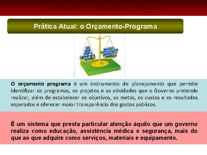 PLANEJAMENTO/ORÇAMENTO PÚBLICO Prática Atual: o Orçamento-Programa O orçamento programa é um instrumento de planejamento