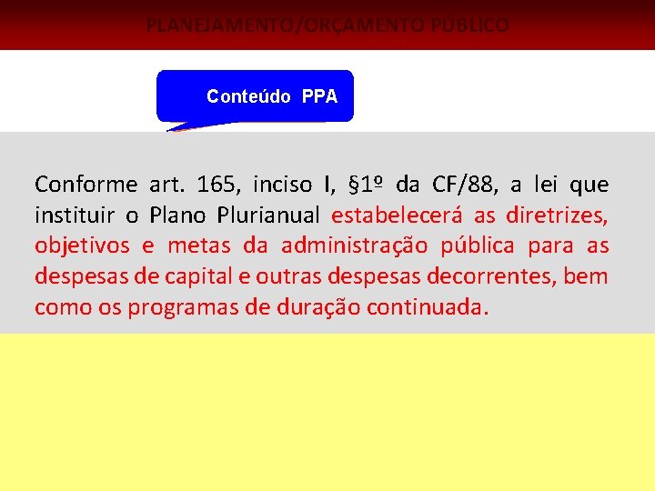 PLANEJAMENTO/ORÇAMENTO PÚBLICO Conteúdo PPA Conforme art. 165, inciso I, § 1º da CF/88, a