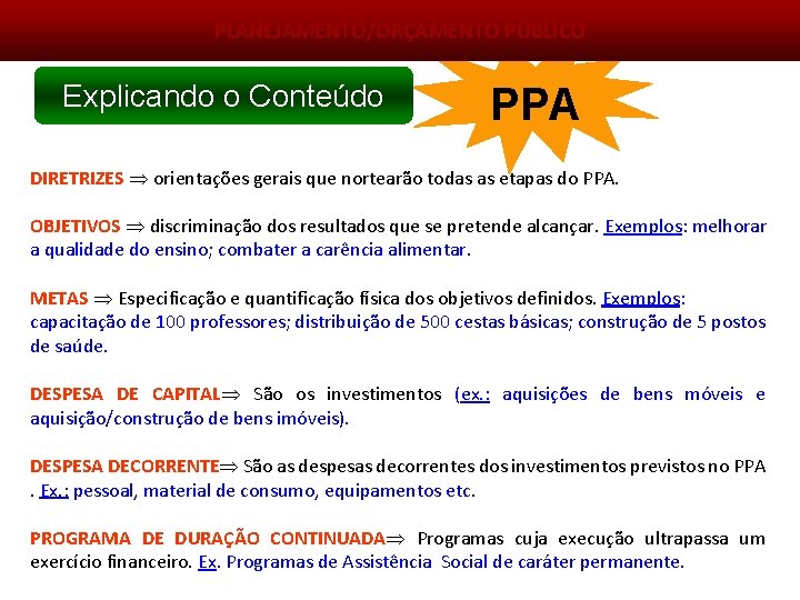 PLANEJAMENTO/ORÇAMENTO PÚBLICO Explicando o Conteúdo PPA DIRETRIZES orientações gerais que nortearão todas as etapas