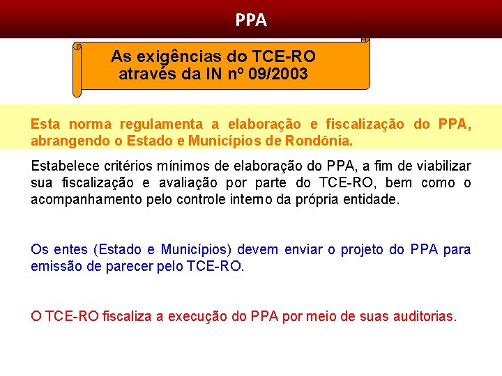 PPA As exigências do TCE-RO através da IN nº 09/2003 Esta norma regulamenta a
