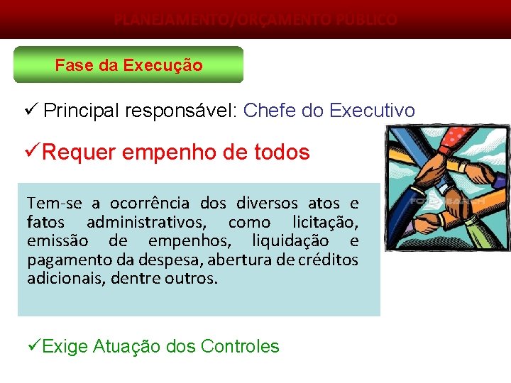 PLANEJAMENTO/ORÇAMENTO PÚBLICO Fase da Execução ü Principal responsável: Chefe do Executivo üRequer empenho de