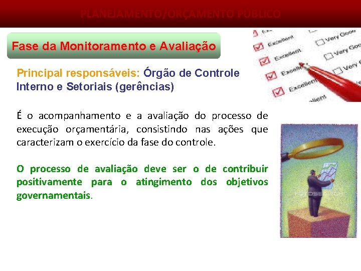 PLANEJAMENTO/ORÇAMENTO PÚBLICO Fase da Monitoramento e Avaliação Principal responsáveis: Órgão de Controle Interno e