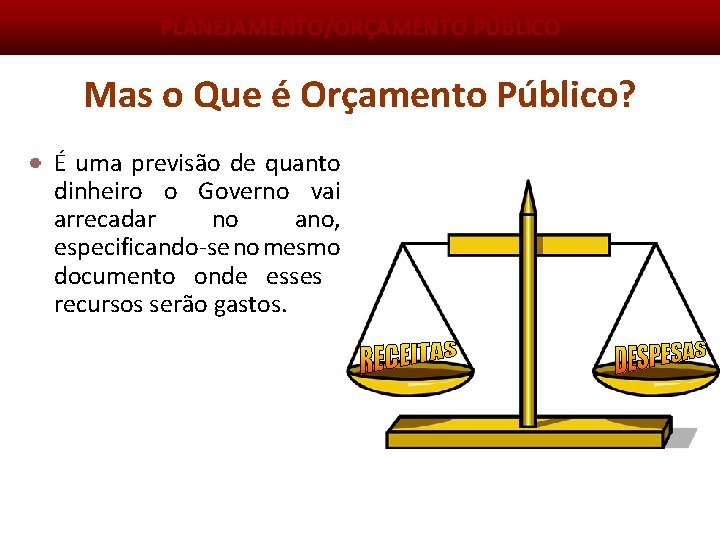 PLANEJAMENTO/ORÇAMENTO PÚBLICO Mas o Que é Orçamento Público? É uma previsão de quanto dinheiro