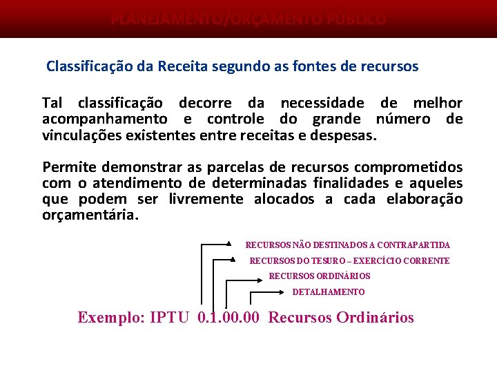 PLANEJAMENTO/ORÇAMENTO PÚBLICO Classificação da Receita segundo as fontes de recursos Tal classificação decorre da