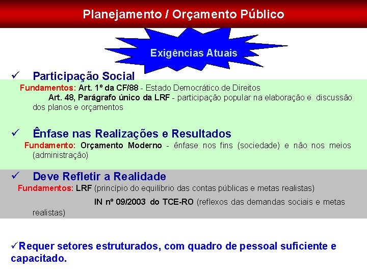 Planejamento / Orçamento Público Exigências Atuais ü Participação Social Fundamentos: Art. 1º da CF/88