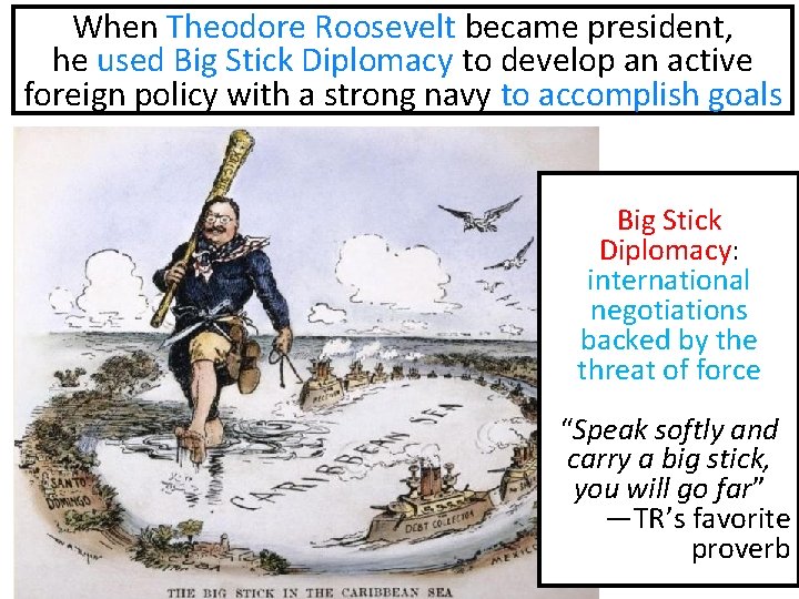 When Theodore Roosevelt became president, he used Big Stick Diplomacy to develop an active