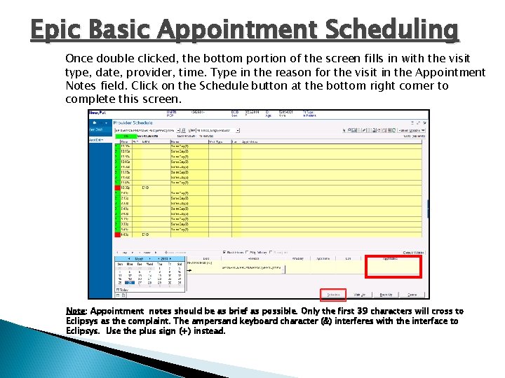 Epic Basic Appointment Scheduling Once double clicked, the bottom portion of the screen fills
