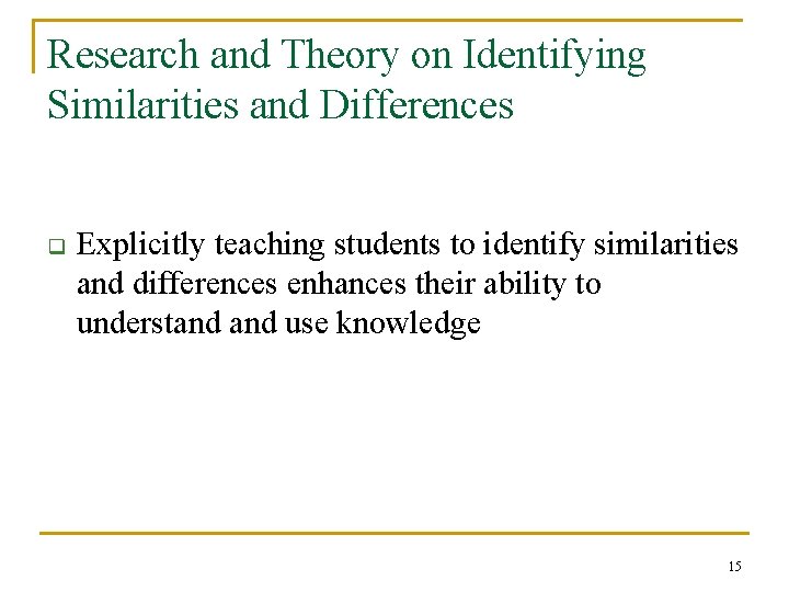 Research and Theory on Identifying Similarities and Differences q Explicitly teaching students to identify