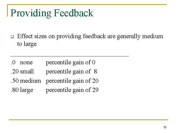 Providing Feedback Effect sizes on providing feedback are generally medium to large ___________________. 0