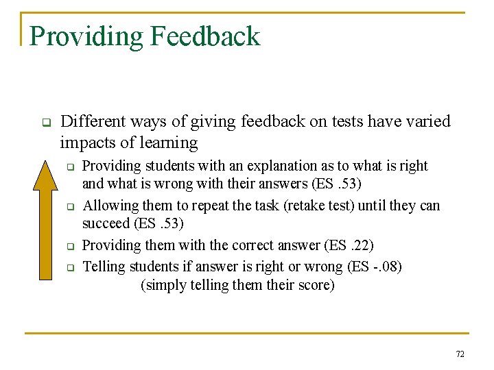 Providing Feedback q Different ways of giving feedback on tests have varied impacts of