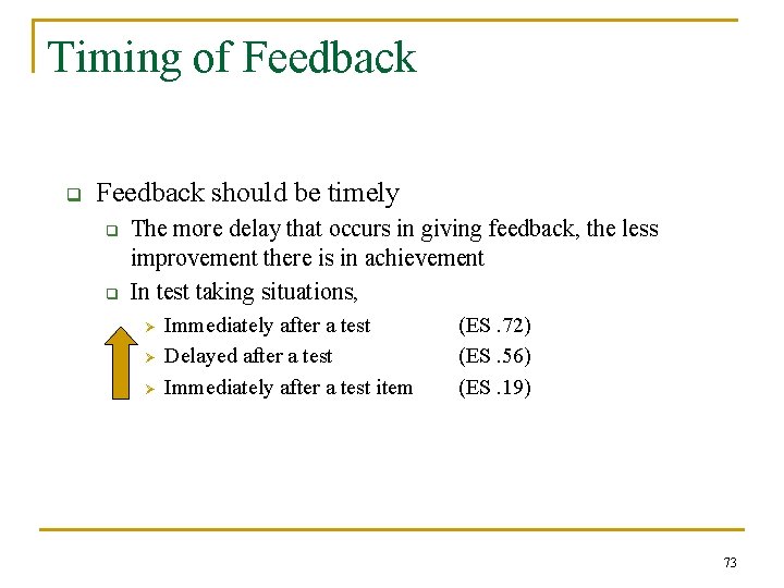 Timing of Feedback q Feedback should be timely q q The more delay that