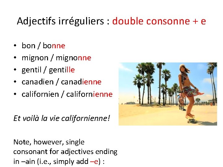 Adjectifs irréguliers : double consonne + e • • • bon / bonne mignon