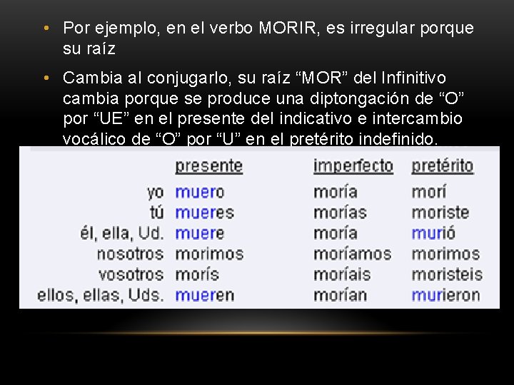  • Por ejemplo, en el verbo MORIR, es irregular porque su raíz •