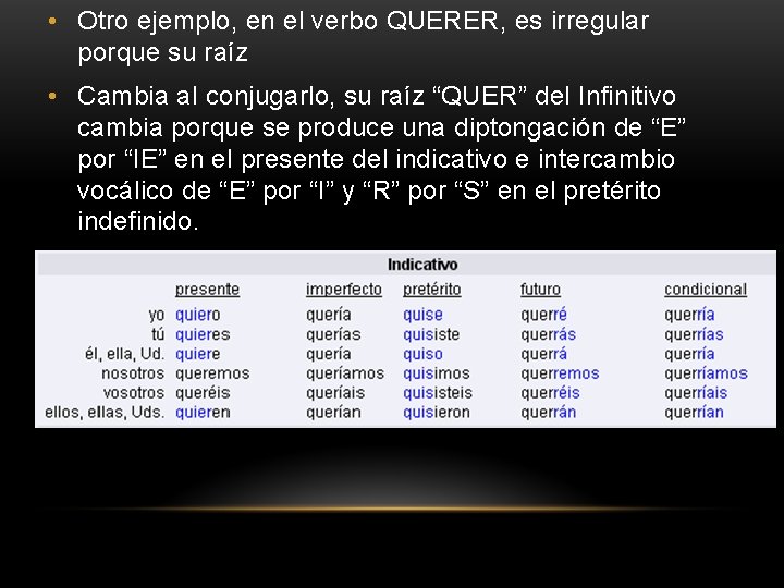  • Otro ejemplo, en el verbo QUERER, es irregular porque su raíz •