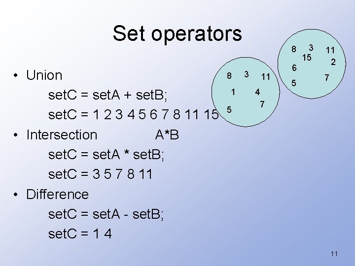 Set operators • Union set. C = set. A + set. B; set. C