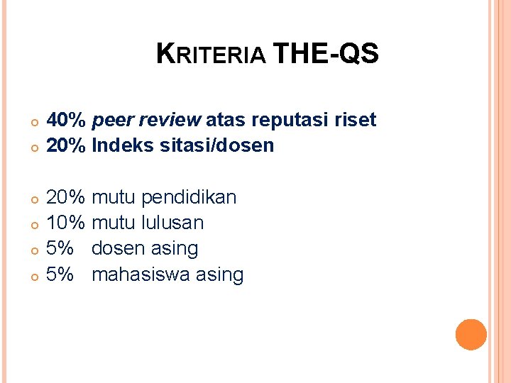KRITERIA THE-QS 40% peer review atas reputasi riset 20% Indeks sitasi/dosen 20% mutu pendidikan