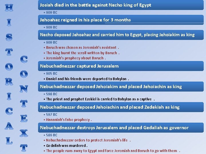 Josiah died in the battle against Necho king of Egypt • 609 BC Jehoahaz