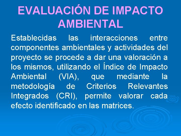 EVALUACIÓN DE IMPACTO AMBIENTAL Establecidas las interacciones entre componentes ambientales y actividades del proyecto