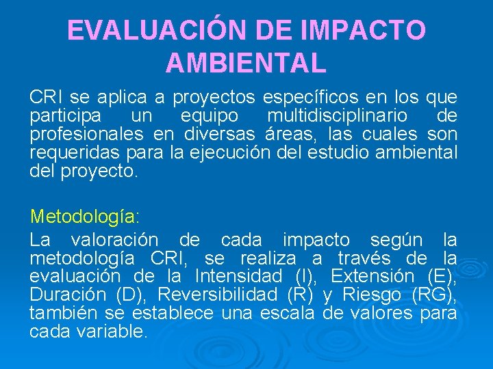 EVALUACIÓN DE IMPACTO AMBIENTAL CRI se aplica a proyectos específicos en los que participa