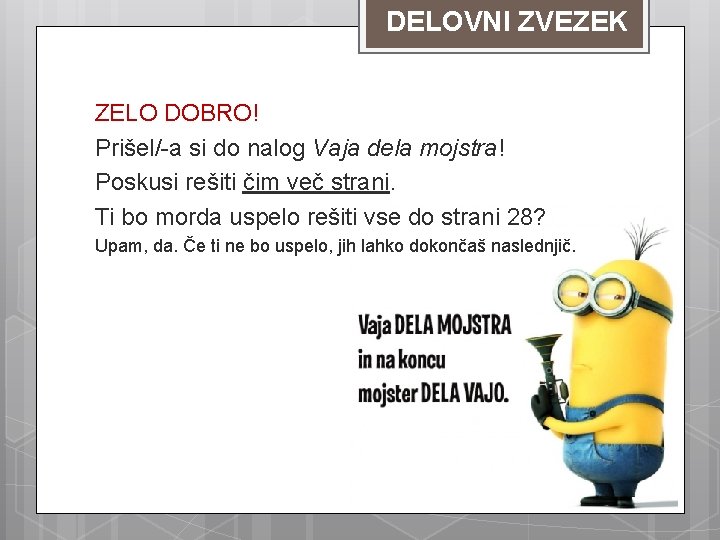 DELOVNI ZVEZEK ZELO DOBRO! Prišel/-a si do nalog Vaja dela mojstra! Poskusi rešiti čim