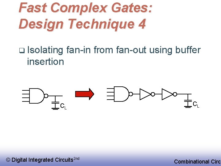 Fast Complex Gates: Design Technique 4 q Isolating fan-in from fan-out using buffer insertion