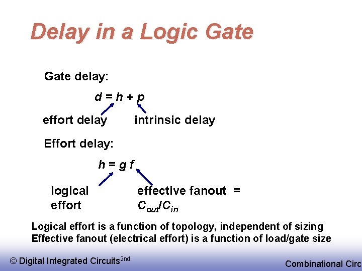 Delay in a Logic Gate delay: d=h+p effort delay intrinsic delay Effort delay: h=gf