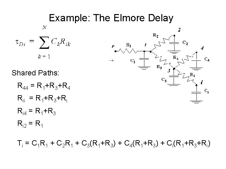 Example: The Elmore Delay Shared Paths: R 44 = R 1+R 3+R 4 Rii