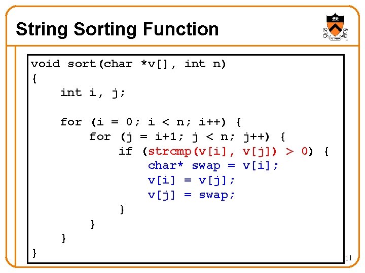 String Sorting Function void sort(char *v[], int n) { int i, j; for (i