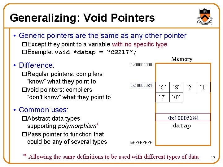 Generalizing: Void Pointers • Generic pointers are the same as any other pointer o. Generalizing: Void Pointers • Generic pointers are the same as any other pointer o.