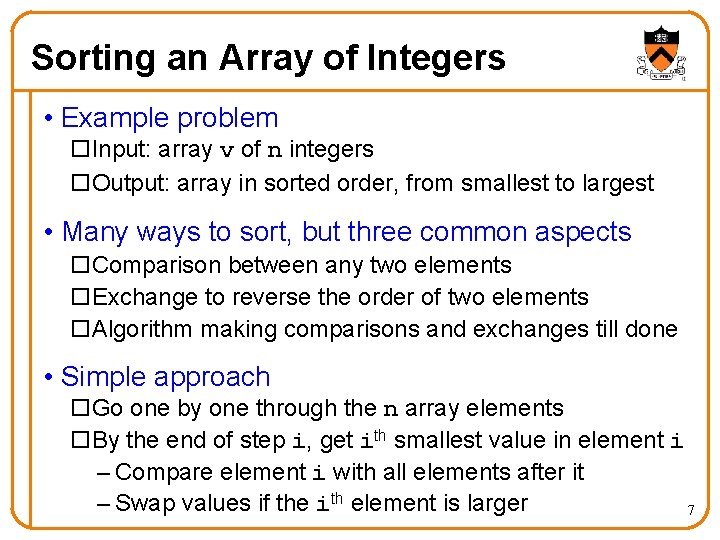 Sorting an Array of Integers • Example problem o. Input: array v of n Sorting an Array of Integers • Example problem o. Input: array v of n