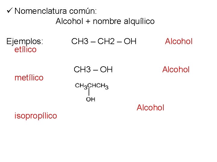 ü Nomenclatura común: Alcohol + nombre alquílico Ejemplos: etílico metílico isopropílico CH 3 –