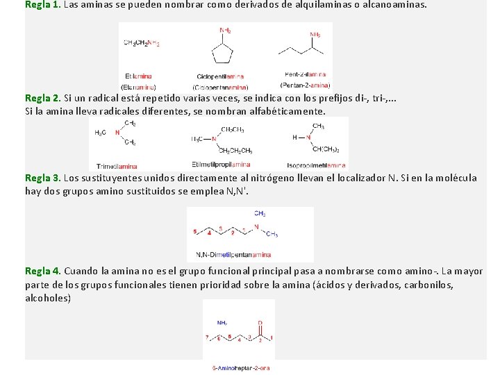 Regla 1. Las aminas se pueden nombrar como derivados de alquilaminas o alcanoaminas. Regla