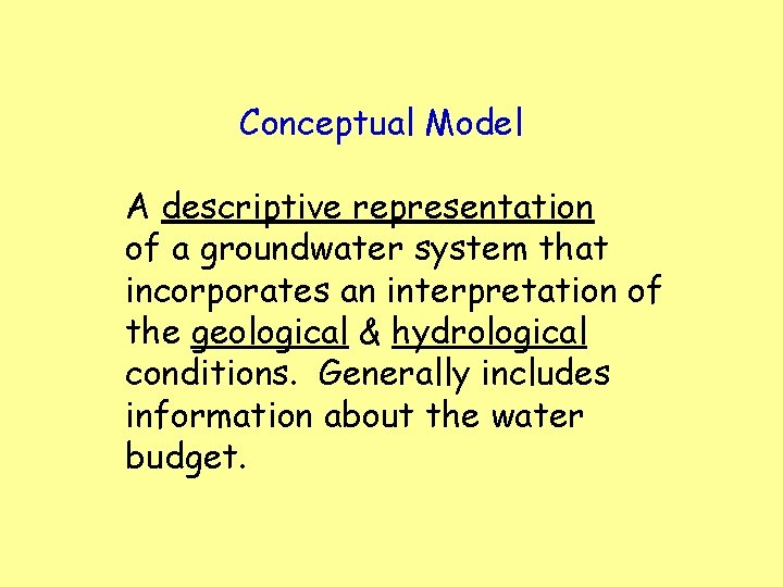 Conceptual Model A descriptive representation of a groundwater system that incorporates an interpretation of