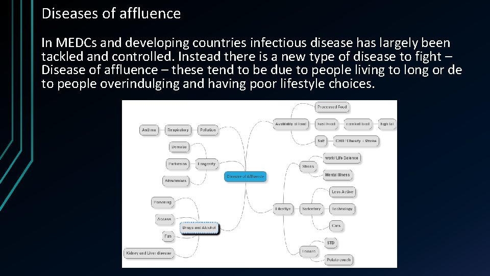 Diseases of affluence In MEDCs and developing countries infectious disease has largely been tackled