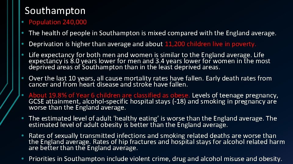 Southampton • • Population 240, 000 The health of people in Southampton is mixed