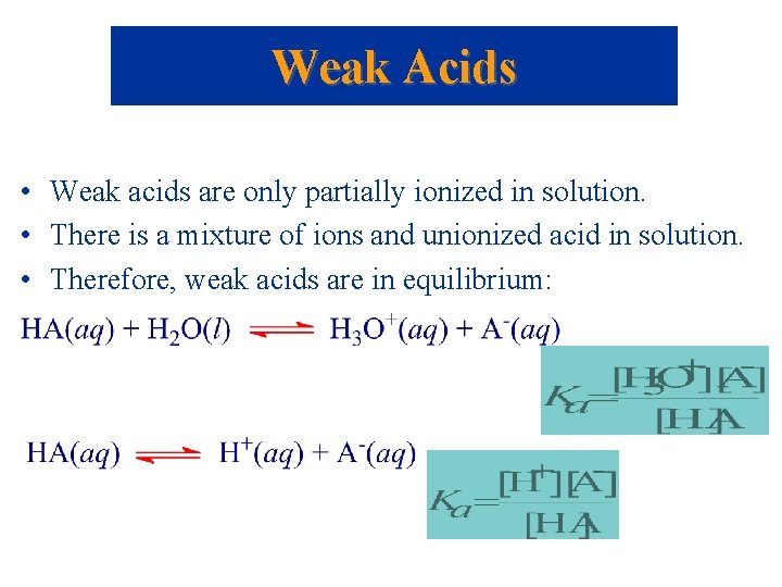 Weak Acids • Weak acids are only partially ionized in solution. • There is