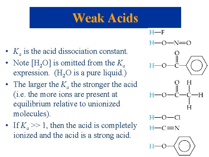 Weak Acids • Ka is the acid dissociation constant. • Note [H 2 O]