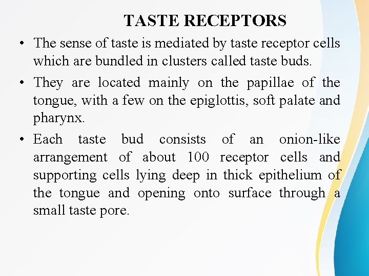 TASTE RECEPTORS • The sense of taste is mediated by taste receptor cells which