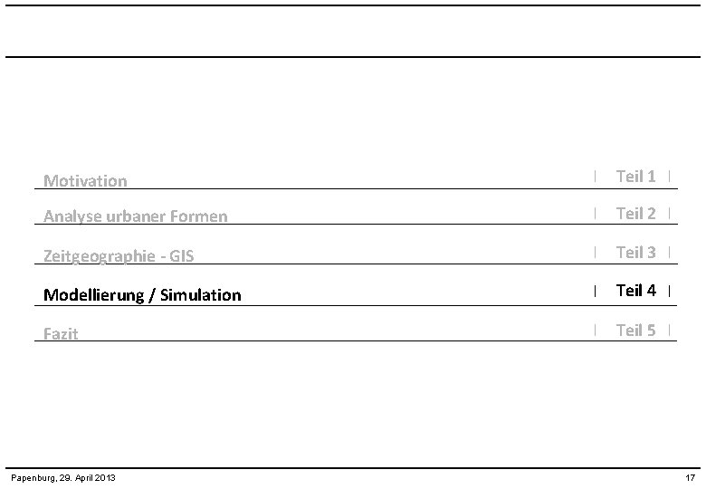 Motivation I Teil 1 I Analyse urbaner Formen I Teil 2 I Zeitgeographie -