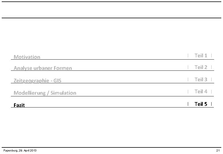 Motivation I Teil 1 I Analyse urbaner Formen I Teil 2 I Zeitgeographie -