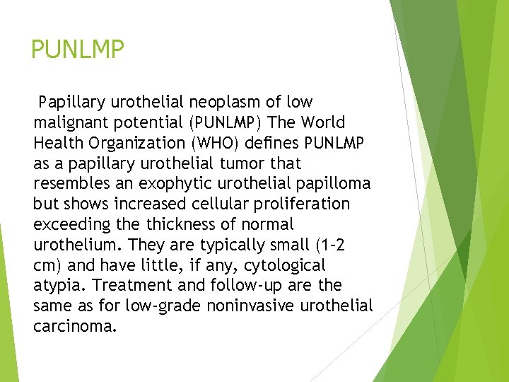 PUNLMP Papillary urothelial neoplasm of low malignant potential (PUNLMP) The World Health Organization (WHO)