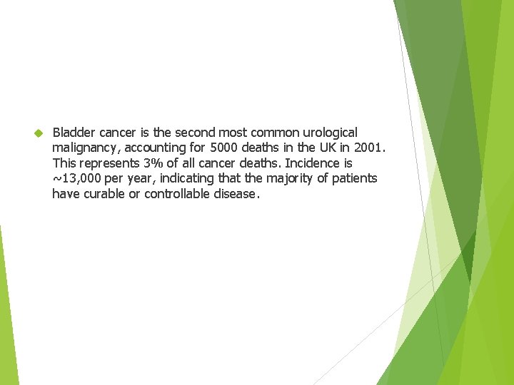  Bladder cancer is the second most common urological malignancy, accounting for 5000 deaths