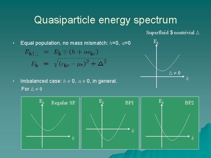 Quasiparticle energy spectrum Superfluid $ nontrivial • Ek Equal population, no mass mismatch: h=0,