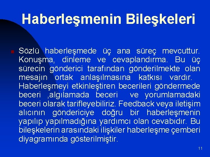 Haberleşmenin Bileşkeleri n Sözlü haberleşmede üç ana süreç mevcuttur. Konuşma, dinleme ve cevaplandırma. Bu