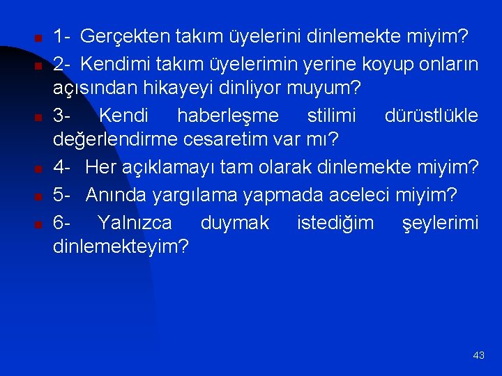 n n n 1 - Gerçekten takım üyelerini dinlemekte miyim? 2 - Kendimi takım