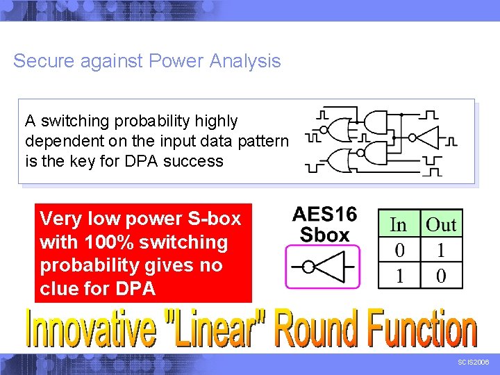 Secure against Power Analysis A switching probability highly dependent on the input data pattern