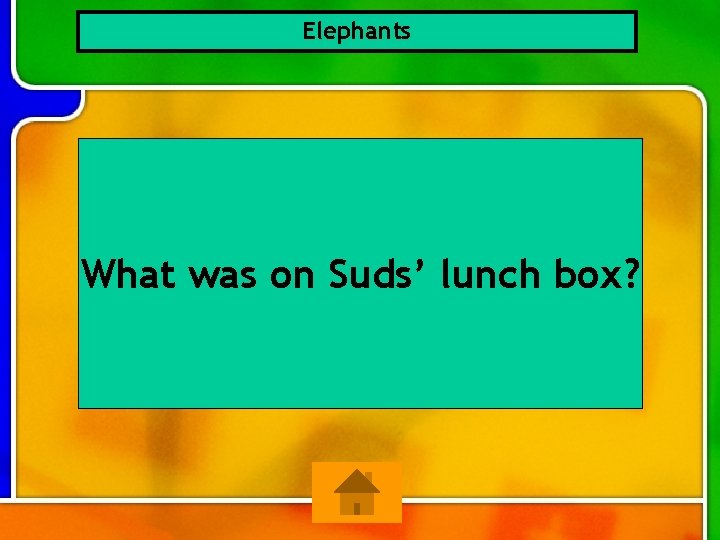 Elephants What was on Suds’ lunch box? 