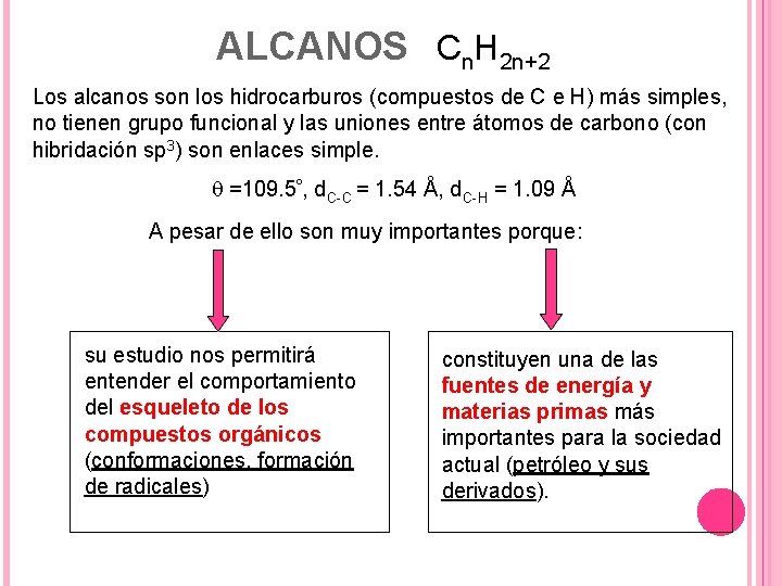 ALCANOS Cn. H 2 n+2 Los alcanos son los hidrocarburos (compuestos de C e