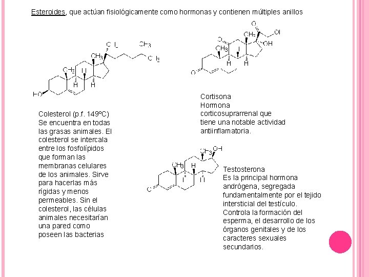 Esteroides, que actúan fisiológicamente como hormonas y contienen múltiples anillos Colesterol (p. f. 149ºC)